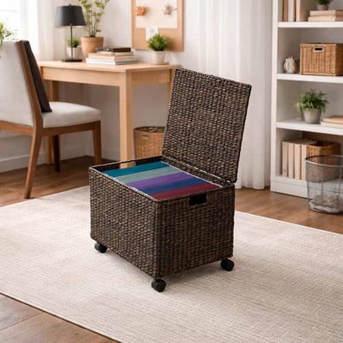 Casafield Espresso Rolling Filing Cabinet with Water Hyacinth, Lidded, 4 Casters