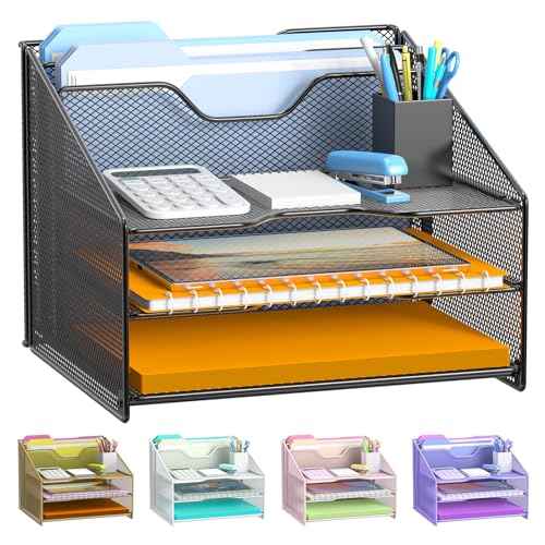 Samstar Desk File Organizer, Mesh Letter File Folder Holder with 3 Paper Trays and 2 Vertical Upright Section, for Office Supplies,Desk Accessories & Workspace,Black.