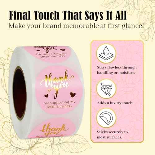 Pink Thank You Stickers Gold Foil ? 500 Waterproof 1.5¡± Round Labels for Small Business Packaging, Custom Thank You Labels for Envelopes, Gift Bags, Boxes, Cards & Orders