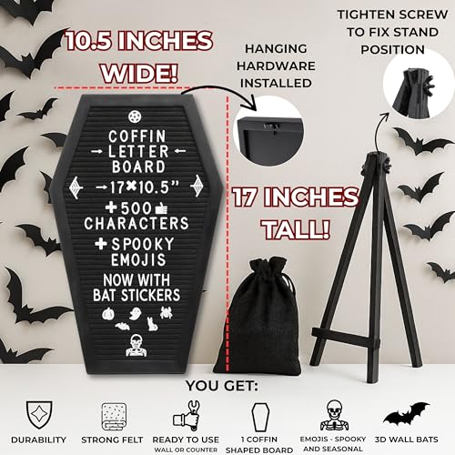 Nomnu Black Coffin Letter Board with Bat Stickers - Goth Decor, Spooky Emojis, Halloween & Witchy Vibe
