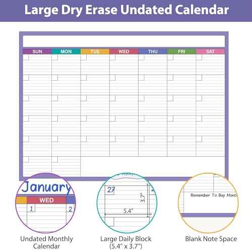 Large Dry Erase Calendar for Wall - 40" x 28", Erasable & Reusable Laminated Calendar, Undated 1 Month Wall Calendar, 10 Round Stickers