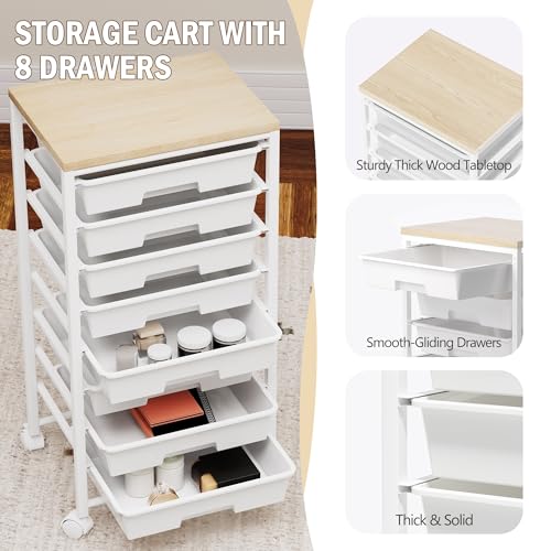 Neatevday White Rolling Cart with 8 Drawers, Wooden Top & Lockable Wheels