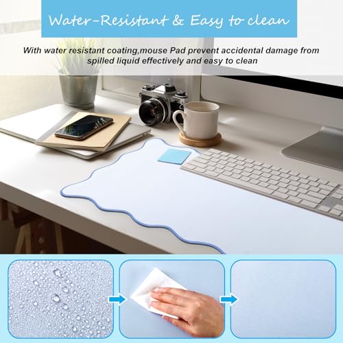 Hahafelt Blue Large Scalloped Desk Mat - 31.5 x 15.8 Inches Office Desk Pad