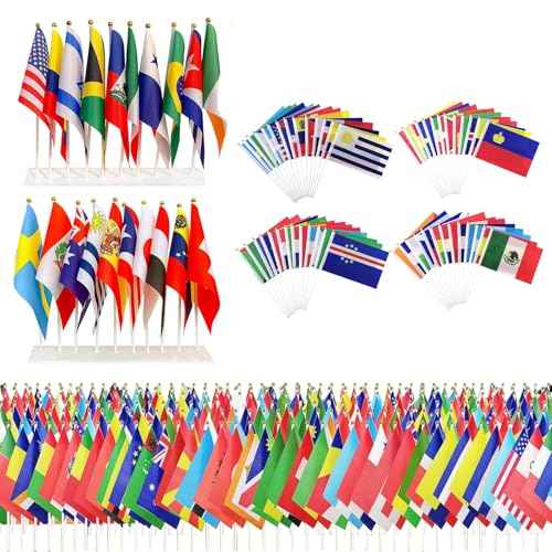 200 Pack World Country Flags on Sticks, Mini Handheld National Flags - Includes Most Countries, 8.2 x 5.5 Inches