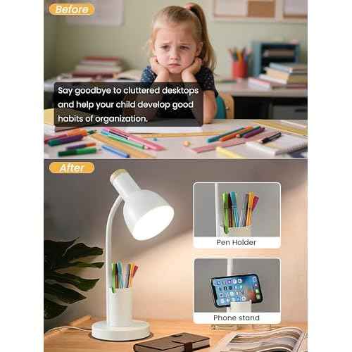 LED Desk Lamp with Pen Holder, Eye-Caring Desk Light 3 Color Modes Reading Light Flexible Gooseneck Metal Study Lamp, Cute Table Lamps for Home Office Bedside Dorm(White lamp)