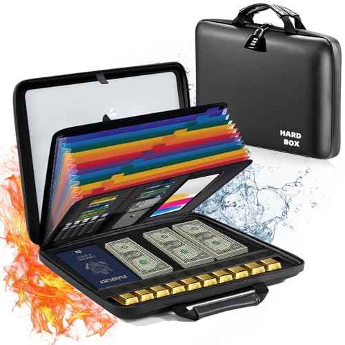 Fireproof Document Box File Organizer: Hard-Shell Case Fireproof Waterproof Box with Lock & 13 Pocket Accordion File Folder - Portable Home Office Travel Safe Storage for Important Documents and Files