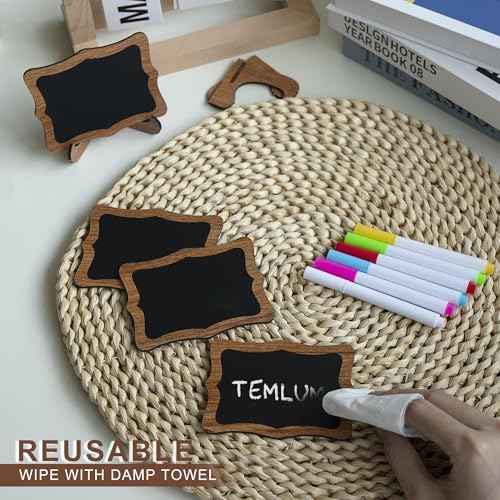 Temlum 15 Pcs Mini Chalkboard Sign with 6 Color Chalk Markers, 2.9¡È x 3.9¡È Wooden Blackboard Reusable Small Chalkboards for Food, Buffet, Parties, Message Boards, Table Numbers (Wavy Shaped)