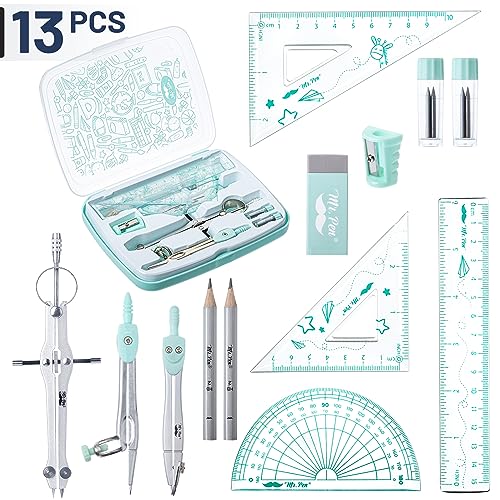 Mr. Pen Green Geometry Set with 3 Compasses, Protractor, Rulers & Pencils