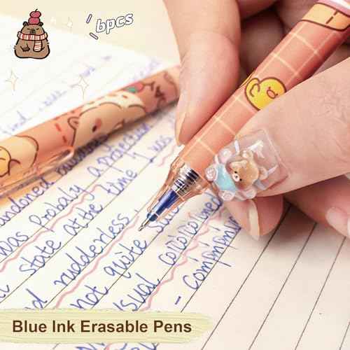 6 Pcs Cute Erasable Retractable Pens - Erasable Gel Ink Pens with Cartoon Capybara Design, 0.5mm Fine Point Blue Ink, Perfect for Office, School, Women, Girls, Boys