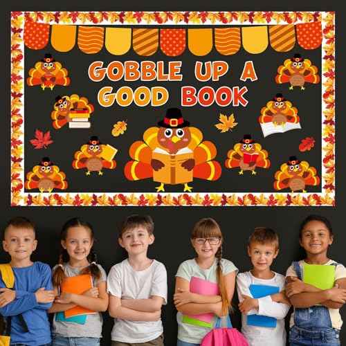 Thanksgiving Turkey Bulletin Board Classroom Decoration Fall Thanksgiving Turkey Reading Cutout Gobble Up A Good Book Bulletin Board Autumn Maple Leaves Cutouts for Home School Thankful Party Supplies