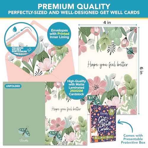 Decorably 24 Pack 4x6in Assorted Get Well Cards Assortment Box with Envelopes and Stickers, 24 Unique Floral Designs Get Well Cards with Envelopes, with Printed Message Inside