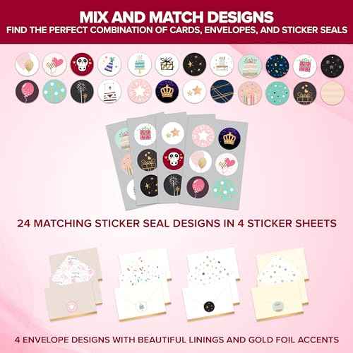 Decorably 24 Pack Foiled and Glittery 6x4in Assorted Birthday Cards with Envelopes and Stickers, 24 Unique Designs Box of Birthday Cards with Envelopes with Printed Message Inside