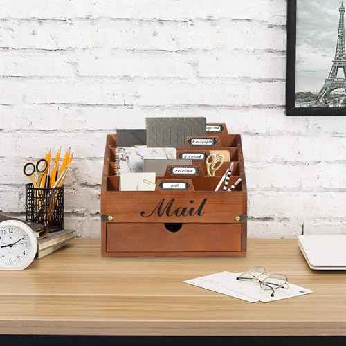 Wood Mail Organizer Countertop, Desktop Mail Organizer with 4 Compartments and Drawer, Mail Holder File Organizer Wall Mount, Desk Accessories & Workspace Organizers, File Paper Holder