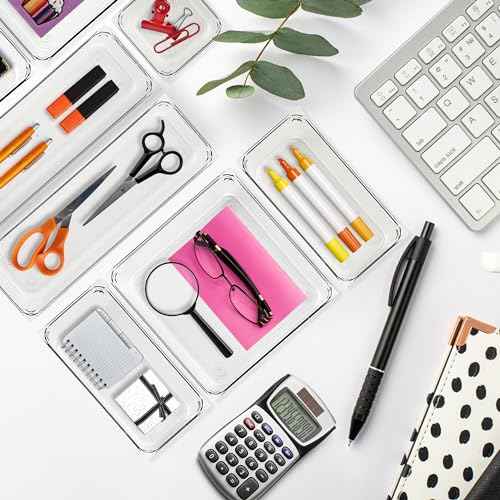 12 Pack Drawer Organizer - 6" X 9" Clear Acrylic Storage Bins with Non-Slip Pads, Versatile Desk Tray for Makeup, Jewelry, Kitchen, Bathroom, and Office Organization
