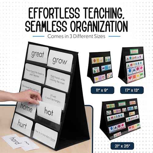 Essex Wares - 3 Pack - 13" Wide x 17" Tall Tabletop Pocket Chart, Black - Double Sided with 5 Straps Each - Reusable Pocket Chart Stand for Classroom - Easy to Use, Foldable Tabletop Chart Stand