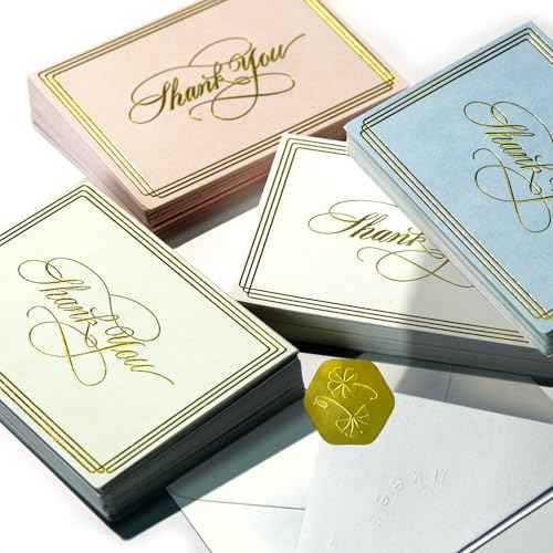 ukee's 100-Pack Luxury Thank You Cards with Envelopes Bulk - Blank Thank You Cards | Dual Gold Foil Calligraphy & Borders, 4 Colors w/Gift Box For Wedding Notes/Small Business/Baby & Bridal Shower, 3.5x5 Inches