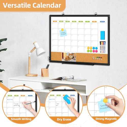 Dry Erase Calendar Whiteboard for Wall, WALGLASS 24" x 18" Double-Sided Monthly Calendar White Board Cork Combo, Black Aluminum Frame Hanging Wall Mounted Bulletin Corkboards for Home, Office, School