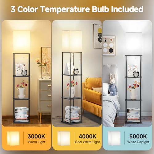 Black SHINE HAI Floor Lamp with Shelves - Modern 3-Tier Square Shelf Lamp