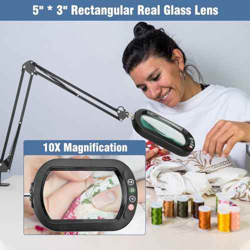 10X Rectangle Magnifying Glass with Light and Clamp, 2*16 Inch Large Swivel Arm LED Desk Lamp, 5 Color Modes Brightness Steepless Dimming, Hands Free Lighted Magnifier Stand for Craft Reading Painting