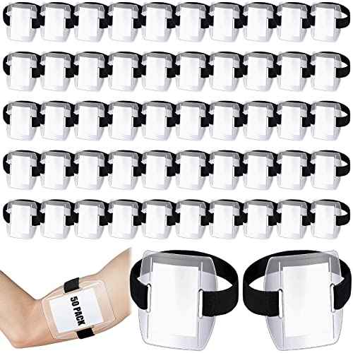 Meanplan 50 Pcs Arm Badge Holder Armband ID Badge Holder Bulk Visibility PVC with Adjustable Belt Elastic Armband Clear Name Tag for Work Pass, Postcards, Universal Size(Black)