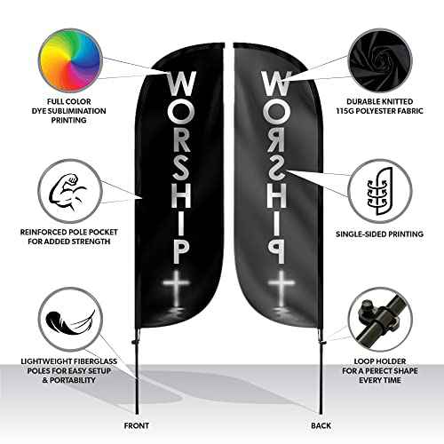 LookOurWay Feather Flag Set - 5ft Tall Advertising Banner Flag with Pole Kit and X-Stand for Business Promotion - Worship Church