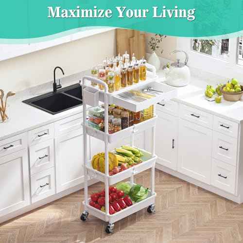 4 Tier Rolling Utility Cart with Drawer, Storage Organizer Cart with 2 Lockable Wheels, Multifunctional Rolling Storage Cart for Bathroom, Kitchen, Craft, Makeup, Baby Essentials, White