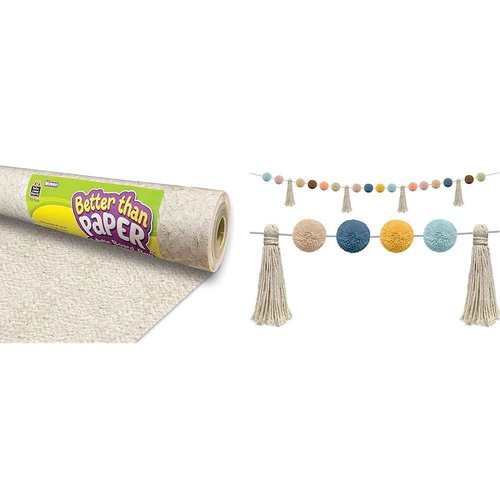 Woven Better Than Paper® Bulletin Board Roll and Teacher Created Resources Everyone is Welcome Pom-Poms and Tassels Garland