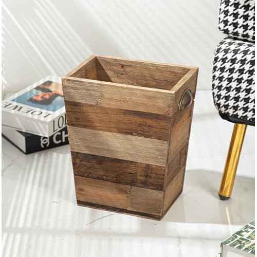 Small Wood Trash Can, Farmhouse Rectangular Garbage Can Waste Basket, Rustic Distressed Reclaimed Wood Wastebasket, Vintage Wooden Trash Recycling Bin Storage Basket with Metal Handles (Natural)