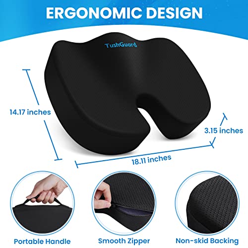 TushGuard Memory Foam Office Chair Cushion Black Large - Ergonomic Seat Pad for Pain Relief
