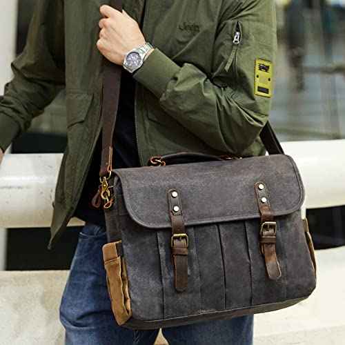 Messenger Bag for Men 15.6 Inch Vintage Canvas Genuine Leather Briefcase for Men Laptop Bag Satchel Shoulder Bag