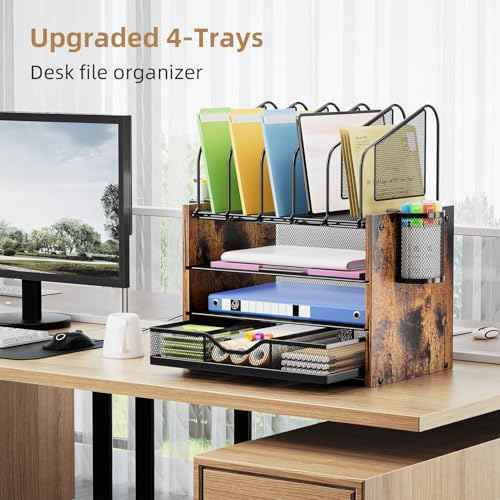 Marbrasse Desk organizer with Drawer, 4-Tier Wooden File Organizer with 5 Vertical File Holders and 2 Pen Holders, Desk Organizers and Accessories for Home Office - Dark Brown