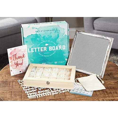 Little Hippo Grey Felt Letter Board Sign 10x10 Inch with 690+ PRE-Cut Letters - Rustic Wood Message Board with Letters and stand, Baby Announcement Sign, Back to School Felt Board