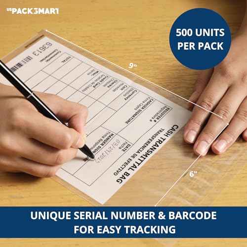 Clear Bank Deposit Bags 6"x9" 500-pack | Secure Bank Cash Transmittal Envelopes for Cash, Coins, Credit Cards, Checks, and More | Numbered, Self-Sealing, and Permanent Adhesive