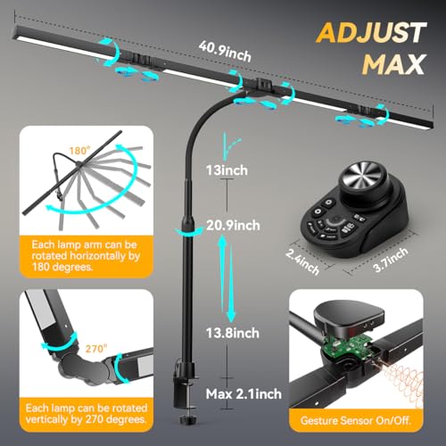 Adjustable LED Desk Lamp ? Stepless Dimming & Color Temp Remote Control, Eye-Caring 4 Large Bright Light Souce for Home Office, Gooseneck, Clamp Base, 5 Lighting Modes for Reading, Computer, DIY
