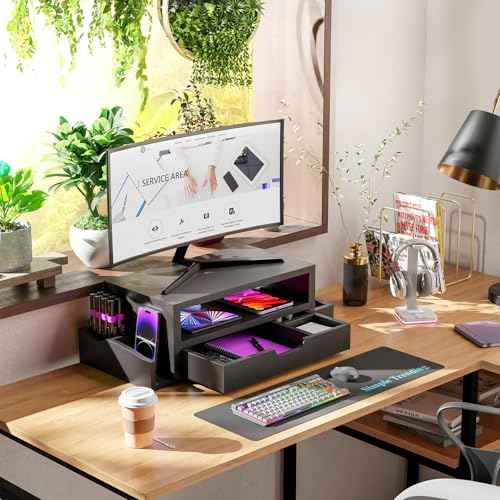 Simple Trending Monitor Stand Riser and Computer Wood Desk Organizer with Drawer and Pen Holder for Laptop, Computer, iMac, Black