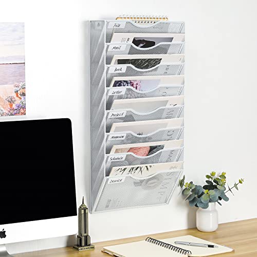 PAG Hanging Wall File Holder Organizer Mail Sorter Literature Rack for Office, 8 Pockets, White