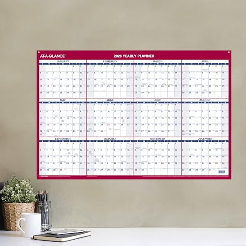 AT-A-GLANCE 2026 Erasable Calendar, Dry Erase Wall Planner, 36" x 24", Large, Vertical/Horizontal, Reversible, Includes Marker (PM262826)