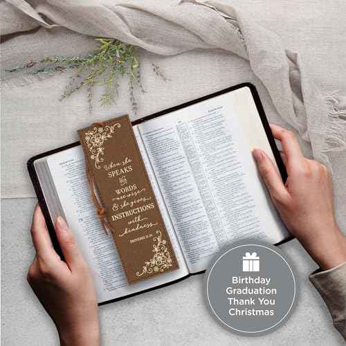 Christian Art Gifts Premium Vegan Faux Leather Scripture Bookmark for Women: When She Speaks - Proverbs 31:26 Inspirational Bible Verse, Heat-Debossed, Faith-Based Reading Accessory with Cord, Brown