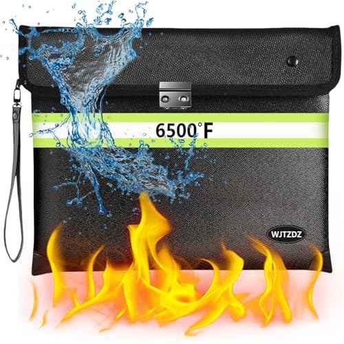 6500¡ÆF Fireproof Document Bag with Lock,2025 Upgraded Fireproof/Waterproof Money Bag with Zipper/Reflective Strip,Storage Pouch for A4 Letter Size Document,Cash,Cell Phone,Passport
