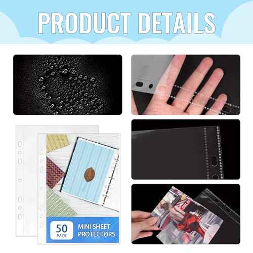 50 Pack 5.5x8.5 Inch Sheet Protectors for 3 or 6 Ring A5 Binder, Half Letter Size 7 Holes Mini Heavy-Duty Sheet Protector Sleeves Crystal Clear Playbill Binder Pockets