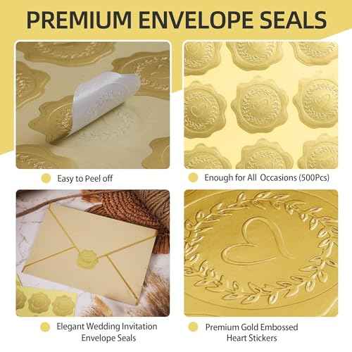 PigPotParty 100 PCS Gold Embossed Envelope Stickes-Heart Stickes Foil Envelope Seal for Wedding Invitations, Halloween,Christmas Greeting Cards£¬Party Favors£¬Self-Adhesive