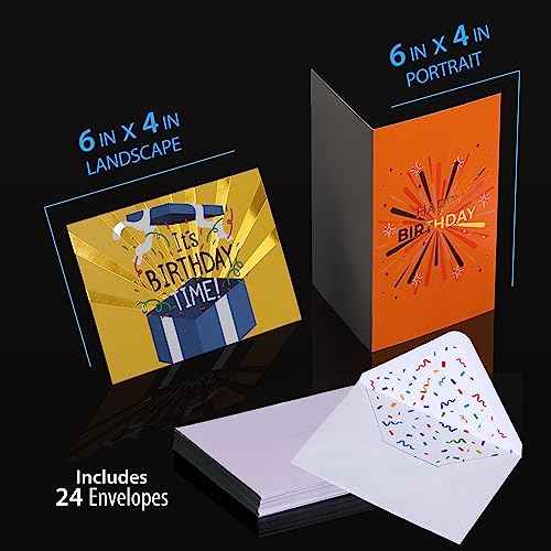 24 Pack Unique Gold Foil Birthday Cards with Envelopes & Stickers | 4x6 Inches Blank Happy Birthday Cards Assortment in Bulk for Family, Kids, Friends, Work & Office Celebrations.
