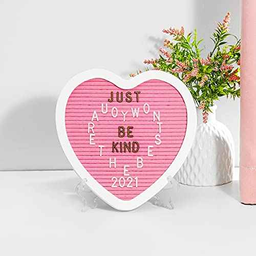Heart-Shaped Felt Letter Board Message Sign,10x10 inches Message Board with 465 Changeable White&Golden Letters,Numbers,Cursive Words and Stand for Party,Pregnancy,Wall&Tabletop Decor (Pink)