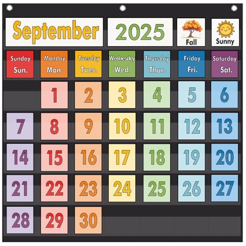 TOGETRUE Black Classroom Calendar Pocket Chart with 70 Colorful Cards - Educational Organizer