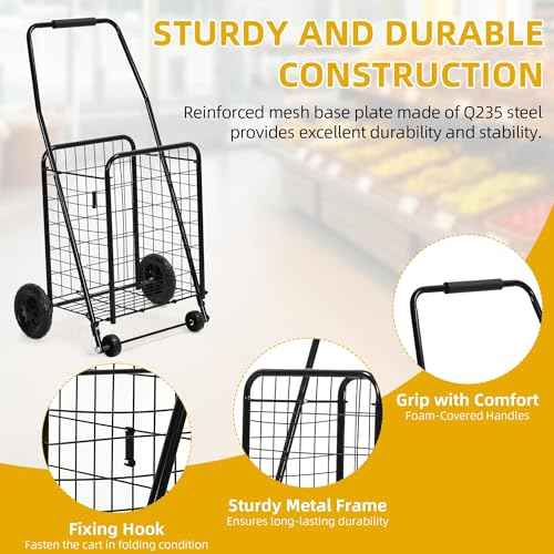 DWVO Folding Shopping Cart with Wheels, Rolling Foldable Grocery Cart for Seniors, Portable Collapsible Utility Cart for Shopping Groceries Laundry Stair Climbing Storage