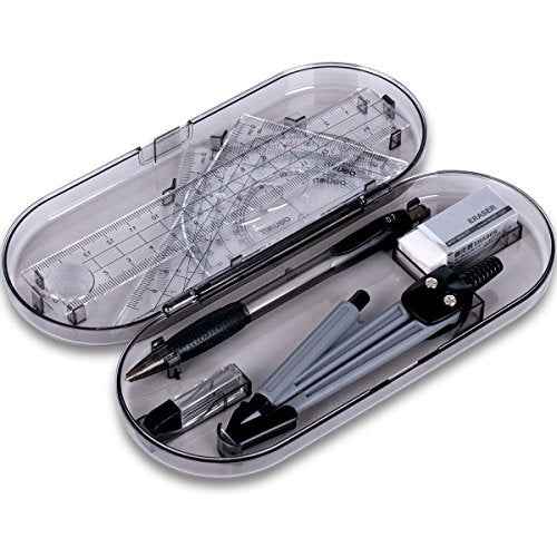 Math Geometry Kit Set 8 Pieces Student Supplies with Shatterproof Storage Box & Reusable Pouch,Includes Rulers,Protractor,Compass,Pencil,Eraser.for Students and Engineering Drawings