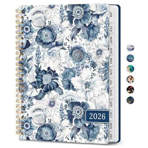 2026 Planner, Monthly and Weekly Calendar Planner for Women, January 2026 - December 2026, Hardcover Pretty 2026 Agenda Planner Book with Tabs, Spiral Bound, Perfect for School Office Home Supplies, 6.3" x 8.5" - Blue Floral