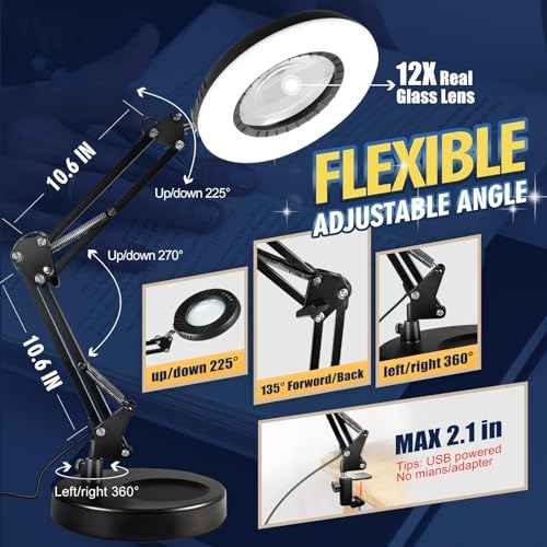 12X Magnifying Glass with Light and Stand, 144 LEDs Brightest Desktop Magnifying Lamp, 10 Dimmable Brightness 5 Color Modes, Hands Free Metal Desk Lamp for Craft Reading Painting Hobby Close Work