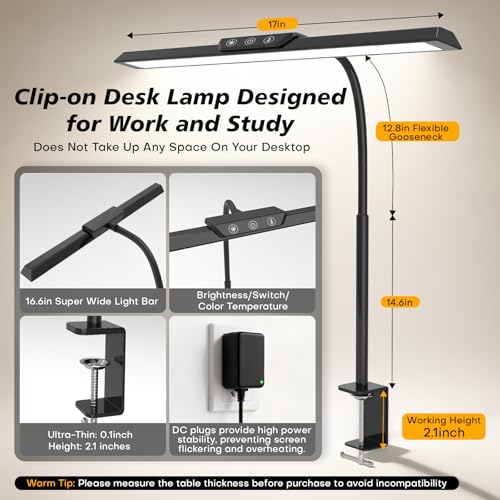 MOICO 12.8in Black LED Desk Lamp with Clamp, Dimmable & Eye-Friendly