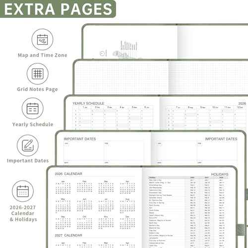 2026-2027 Monthly Planner, Jan 2026 - Dec 2027, Pocket Size (4.3" x 5.9"), 2026-2027 Calendar, 24 Self-adhesive Monthly Tabs, Leather Hardcover, 100 GSM Thick Paper (Light Green)